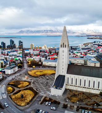 Aerial view of Hallgrimskirkja in Reykjavik, Iceland