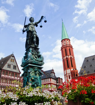Justitia statue in Frankfurt's old town, Germany