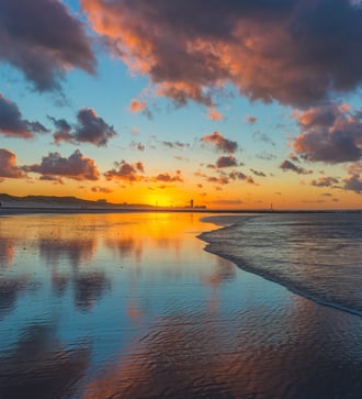 Sunset over Ostend beach, Belgium