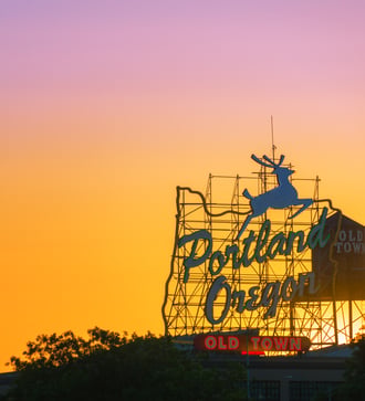 Portland, Oregon sign at sunset