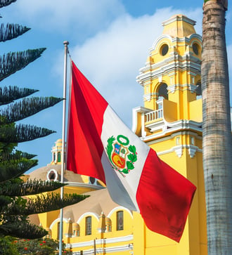 Flag and church in Lima, Peru