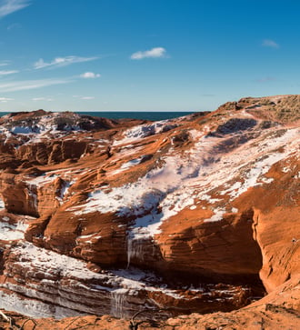 Borgot lighthouse on the red cliffs of the Magdalen Islands, Canada