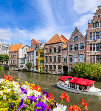 Flowers by canal in Ghent, Belgium