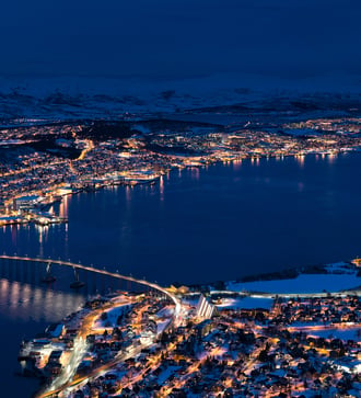 Aerial view of Tromso, Norway at night