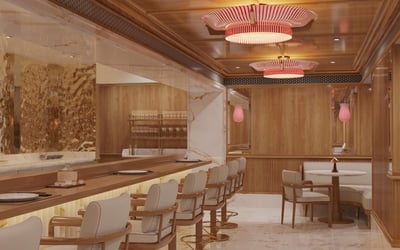 A rendering of Miuna restaurant on board Four Seasons Yachts