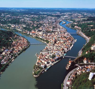 Confluence of three rivers at Passau, Germany