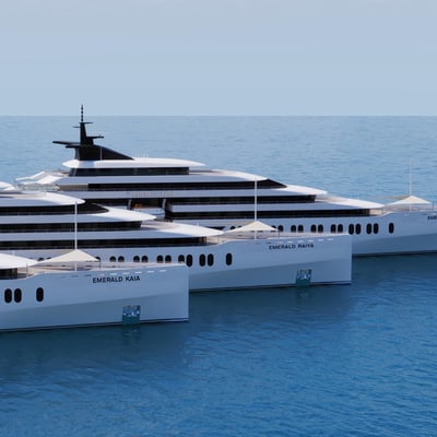 Renderings of Emerald Cruises' new yachts, Emerald Kaia, Emerald Raiya, and Emerald Xara