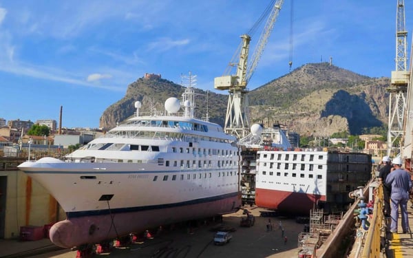 Windstar's Star Breeze being stretched in Palermo (photo by Anne Kalosh)