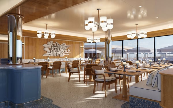 A rendering of Terrasse restaurant on board Four Seasons Yachts