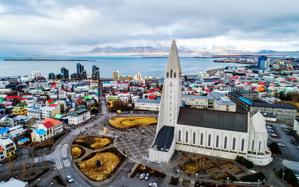 Aerial view of Hallgrimskirkja in Reykjavik, Iceland