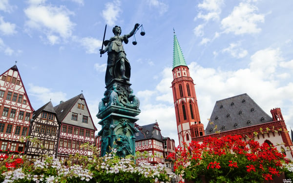 Justitia statue in Frankfurt's old town, Germany