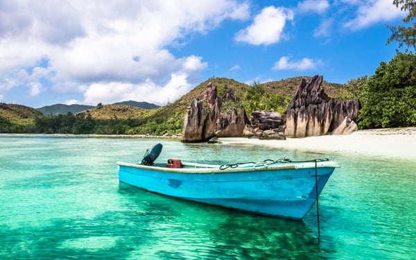 Boat on the beach at Curieuse Island, Seychelles
