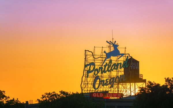 Portland, Oregon sign at sunset