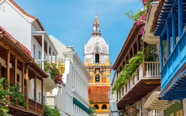 Balconies and cathedral in Cartagena, Colombia