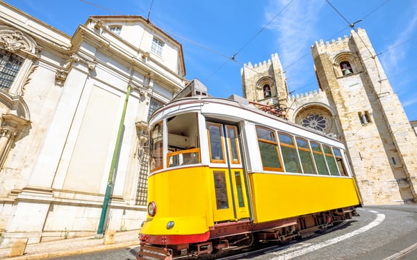 Tram outside Lisbon cathedral, Portugal