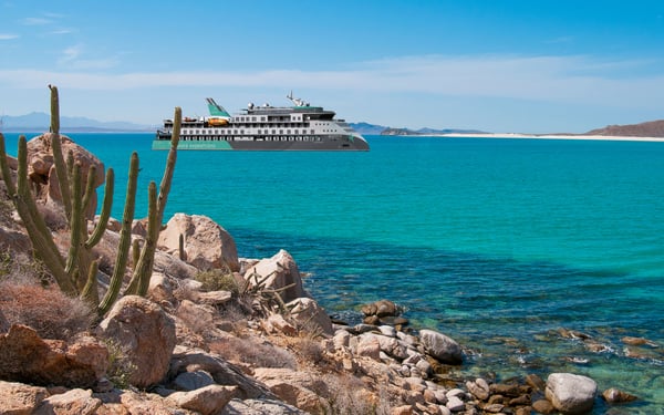 Rendering of the Sylvia Earle, Aurora Expeditions' new ship, cruising Baja California and the Sea of Cortez