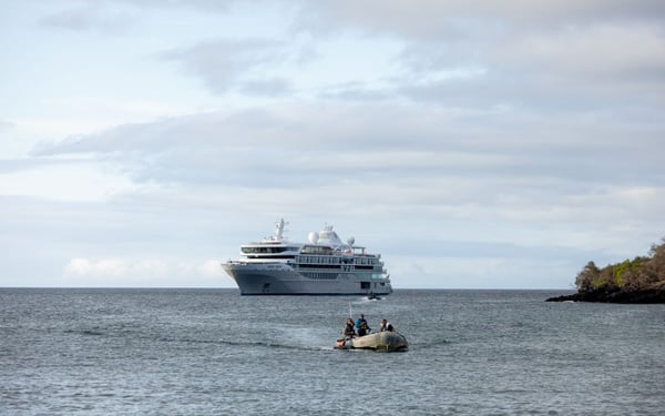 Silver Origin and zodiac at Punta Cormorant, Galapagos