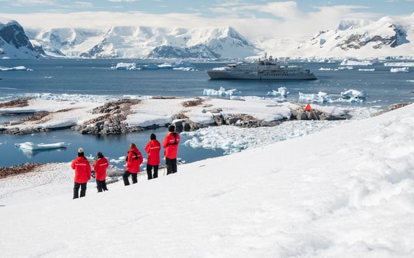 guests kayaking in Neko Harbour Antarctica on Silver Endeavour