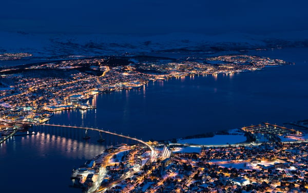 Aerial view of Tromso, Norway at night