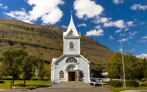 White church in Seydisfjordur, Iceland