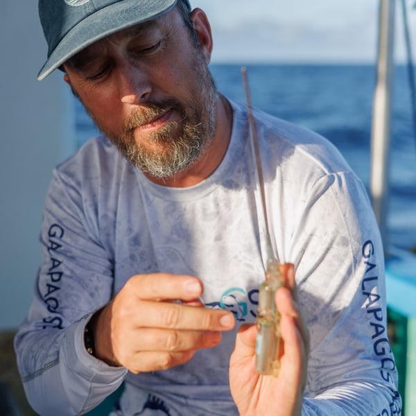 Alex Hearn with tag for sharks in Galapagos