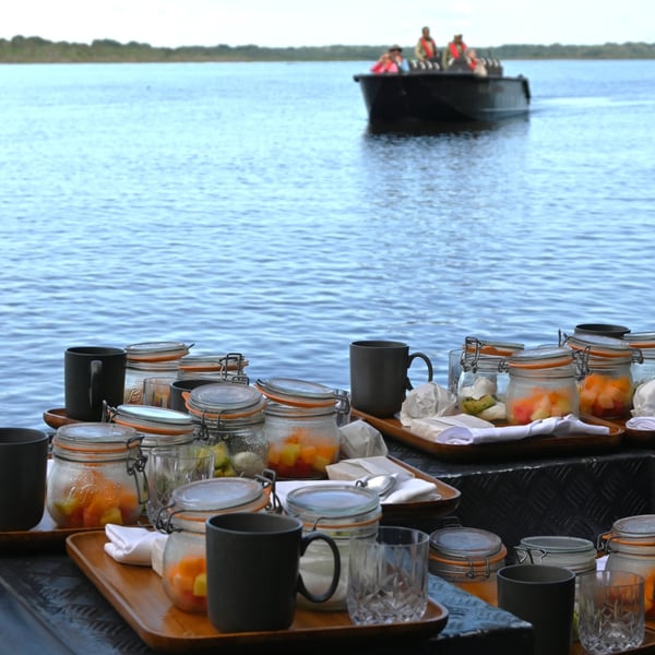Breakfast on the skiff during Aqua Expeditions' Amazon cruise