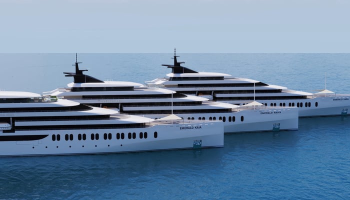 Renderings of Emerald Cruises' new yachts, Emerald Kaia, Emerald Raiya, and Emerald Xara