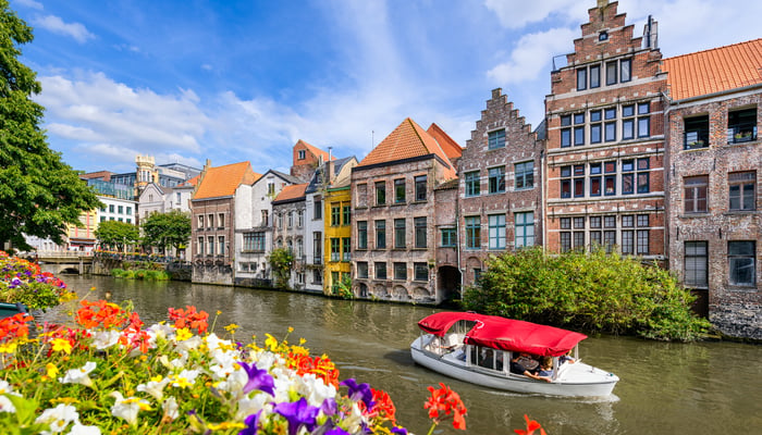 Flowers by canal in Ghent, Belgium