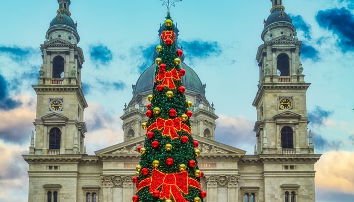 Christmas tree outside St Stephen's Basilica, Budapest, Hungary