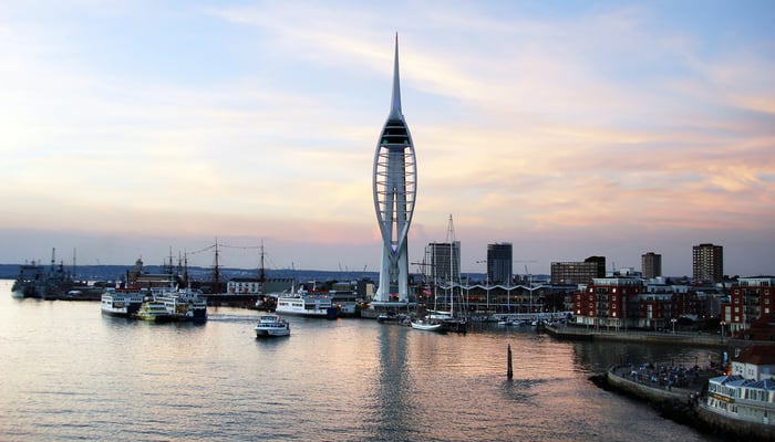 Portsmouth waterfront at sunset