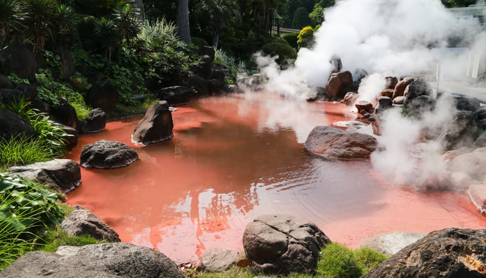 Red hot spring in Beppu, Japan