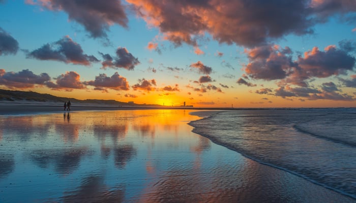 Sunset over Ostend beach, Belgium