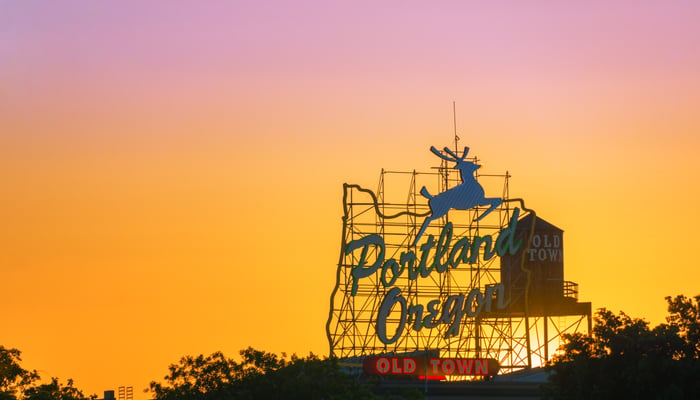 Portland, Oregon sign at sunset