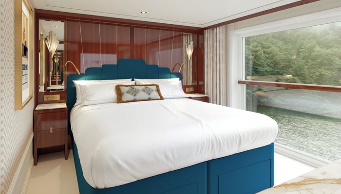 French Balcony Stateroom rendering on board S.S. Marlene, Uniworld's new river vessel