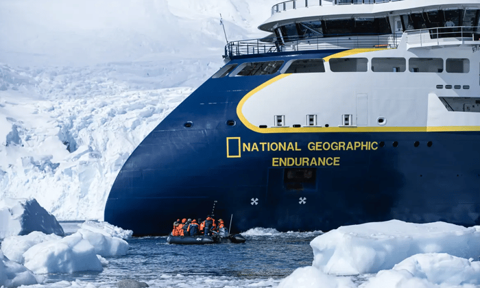 National Geographic-Lindblad Expeditions' Endurance ship with its X-Bow design in Antarctica