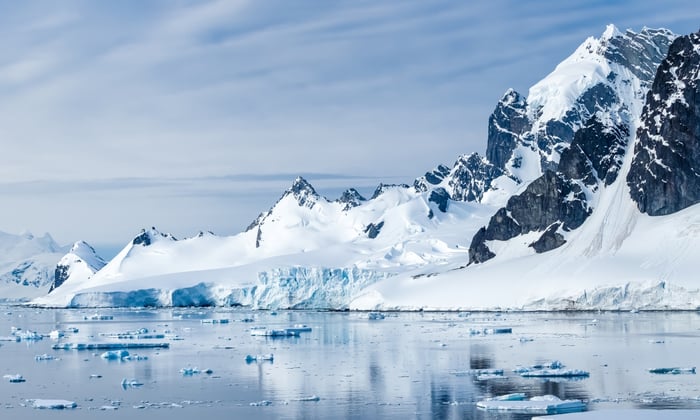 Drifting icebergs in the Lemaire Channel, Antarctica Peninsula
