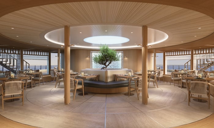 Rendering of Alira restaurant on board Aman at Sea's yacht Amangati