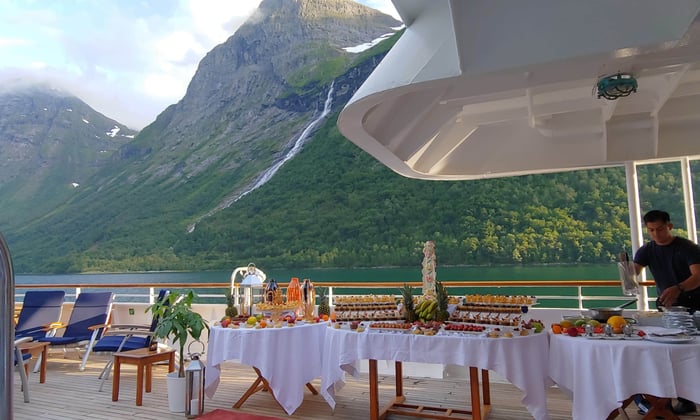 Buffet on deck during a SeaDream cruise in Norway