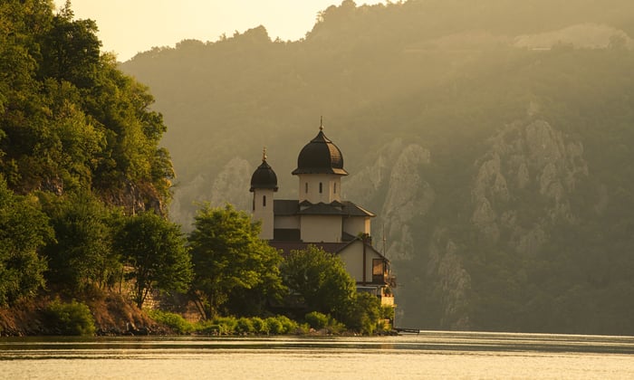 Mraconia Monastery Church in Autumn in Romania on the Danube