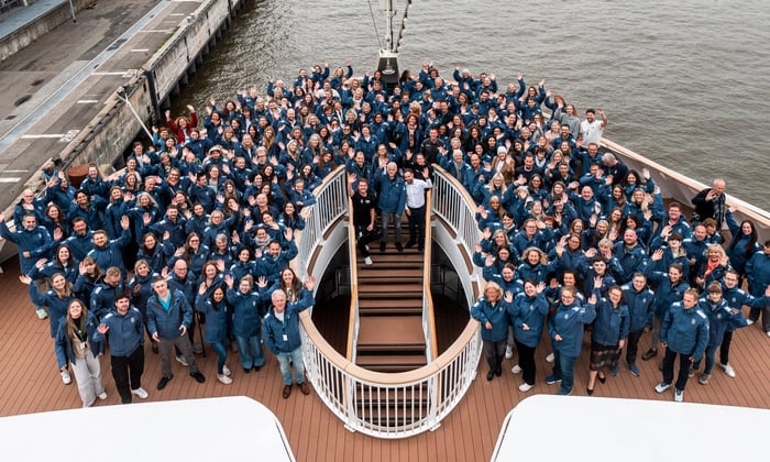 Travel agent group photo on the Observation deck of HX Expeditions MS Fridjof Nansen