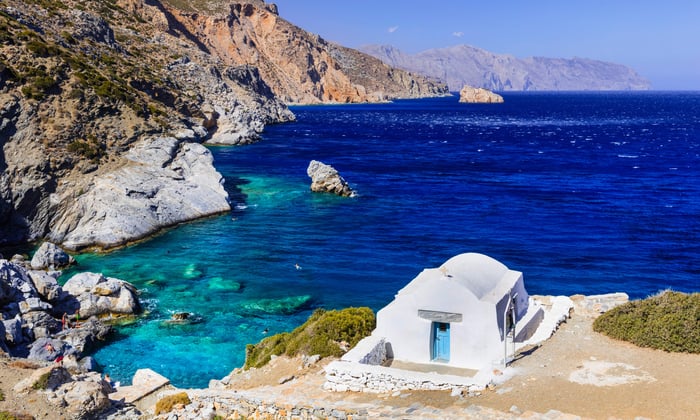 Agia Anna church in Amorgos, Greece, one of the best quiet Greek islands to cruise to