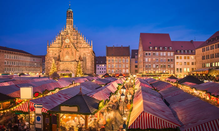 A square in Nuremberg filled with Christmas Market stalls