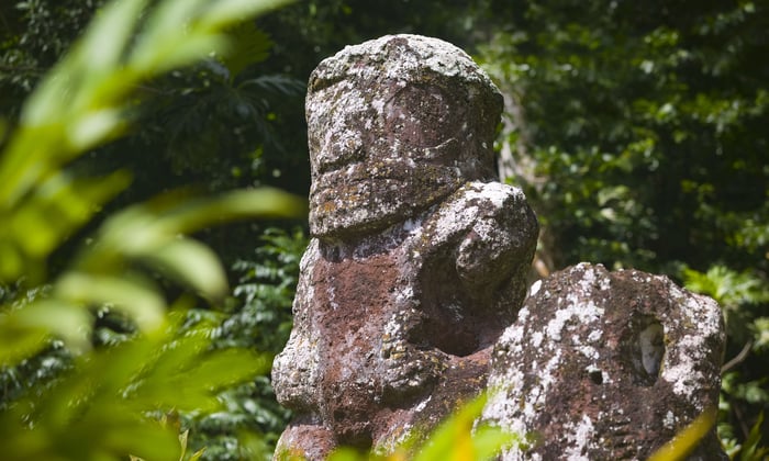Polynesian statues on the Marquesas islands in the Pacific