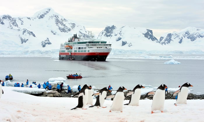 Penguins and Hurtigruten's MS Fram in Antarctica