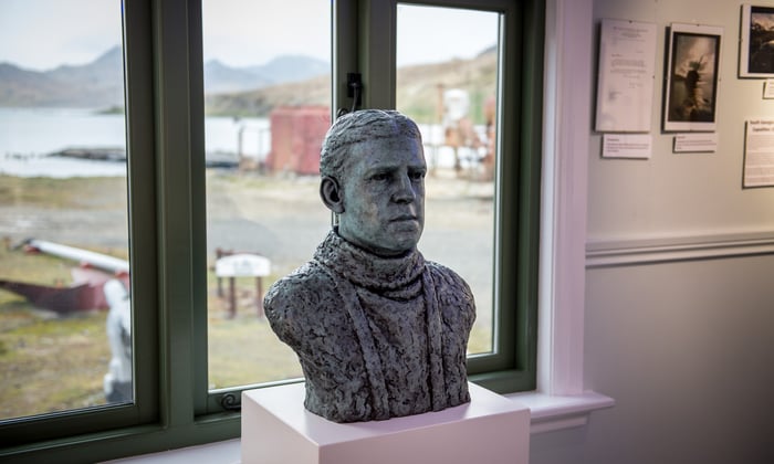 Bronze bust of Sir Ernest Shackleton at the South Georgia Museum