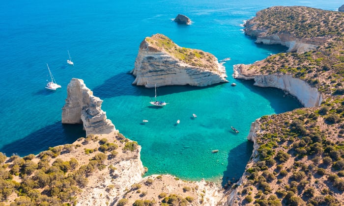 Kleftiko Bay on Milos island in Greece, one of the best quiet Greek islands
