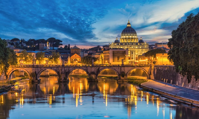 St Peter's Basilica in the Vatican City in Rome at night