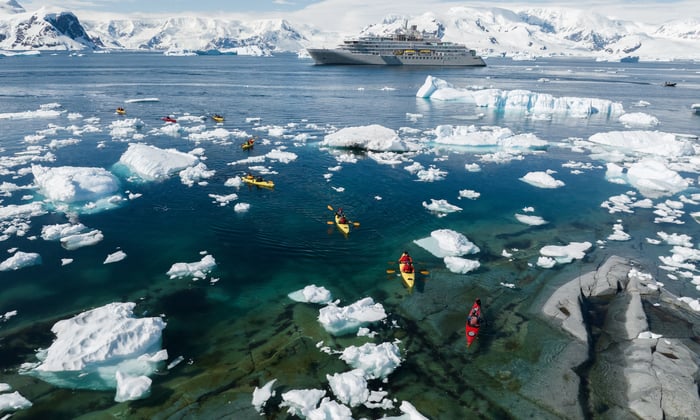 Silversea Expeditions guests kayaking in Neko Harbour, Antarctica