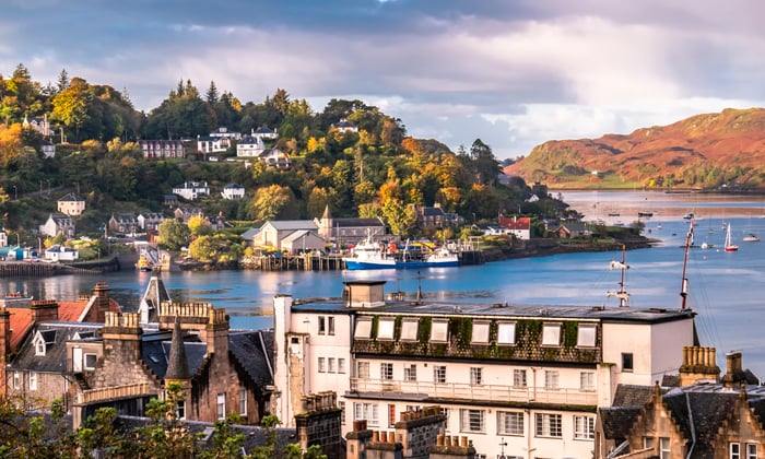 Skyline of Oban in autumn, Scotland, a popular stop on a british_isles small ship cruise