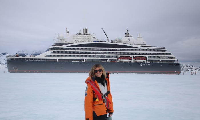Claire in front of Le Commandant Charcot in Greenland